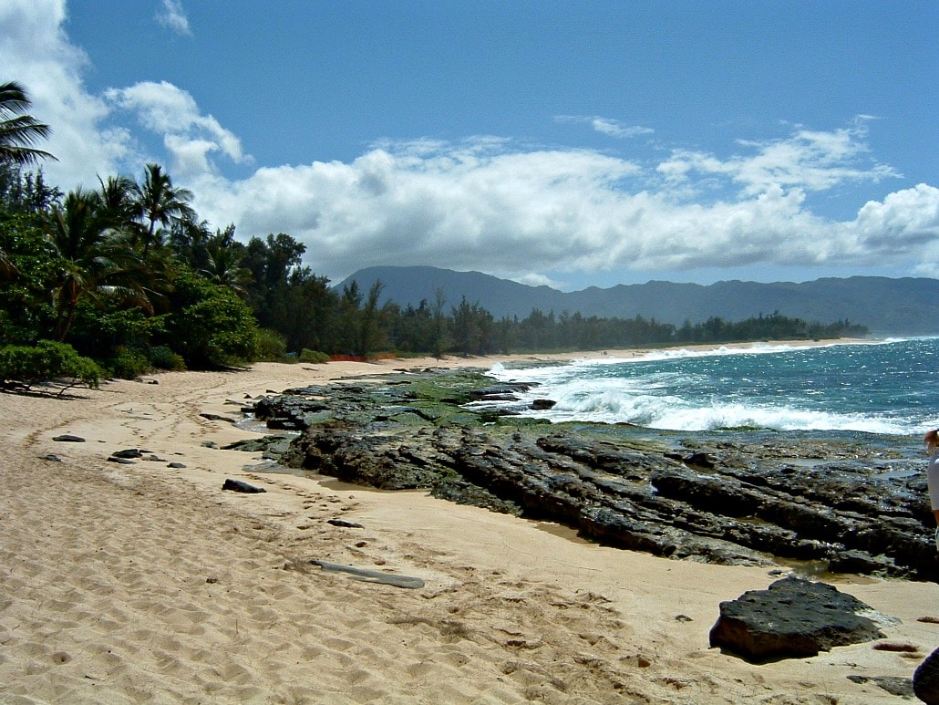 a Hawaiian sandy beach with a rocky shore and ocean on one side and trees on the other