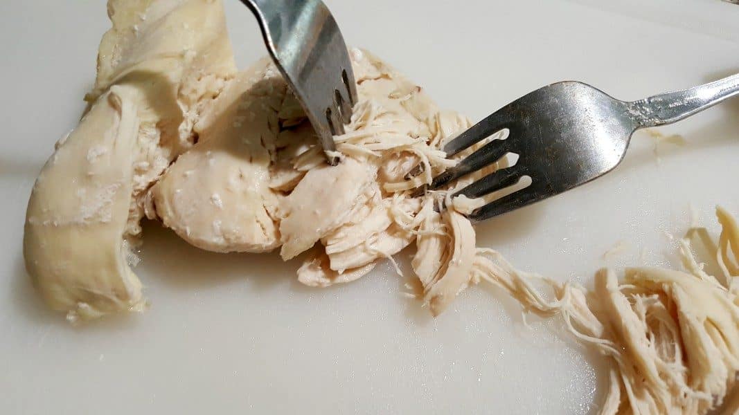 shredding chicken with two forks for chimichangas