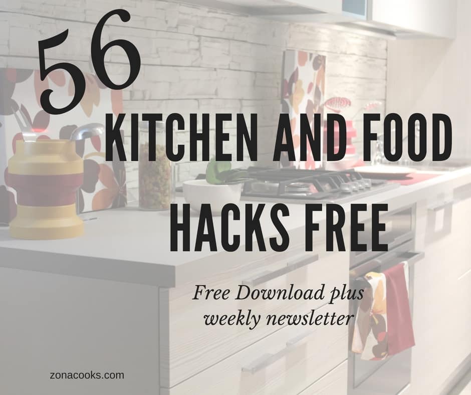 graphic with text saying 56 Kitchen and Food Hacks Free Download