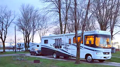 RV motor home parked in and RV campground