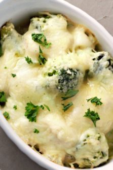 a Cheesy Chicken Broccoli Casserole in a baking dish.