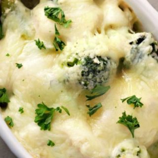 a Cheesy Chicken Broccoli Casserole in a baking dish.