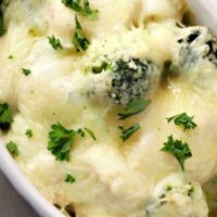 a Cheesy Chicken Broccoli Casserole in a baking dish.