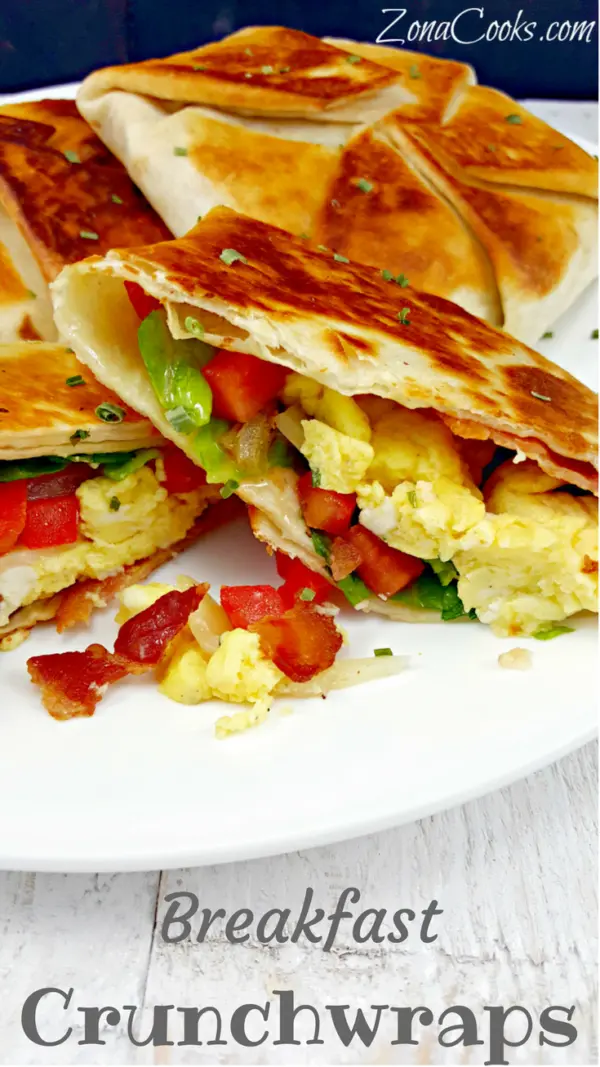 a graphic of Breakfast Crunchwraps for Two - Breakfast Crunchwraps are an easy and delicious alternative to breakfast burritos which don't have this amazing crispy fried golden brown tortilla shell. These are perfect for breakfast, lunch or dinner for two. The filling options are endless and you can add any of the breakfast ingredients you love the most.