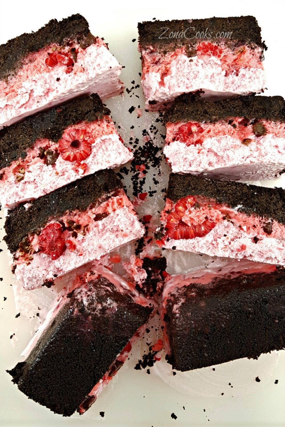 8 slices of Frozen Raspberry Chocolate Cake.