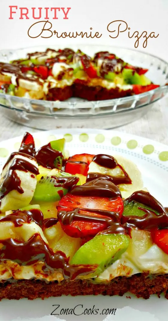 Fruity Brownie Pizza - Taste the richness of the homemade brownie and cream cheese spread paired with the freshness of the fruit and the sweetness of the chocolate drizzle. This is the perfect twist on traditional fruit pizza. It makes 4 servings but we just have it for dessert two nights in a row!