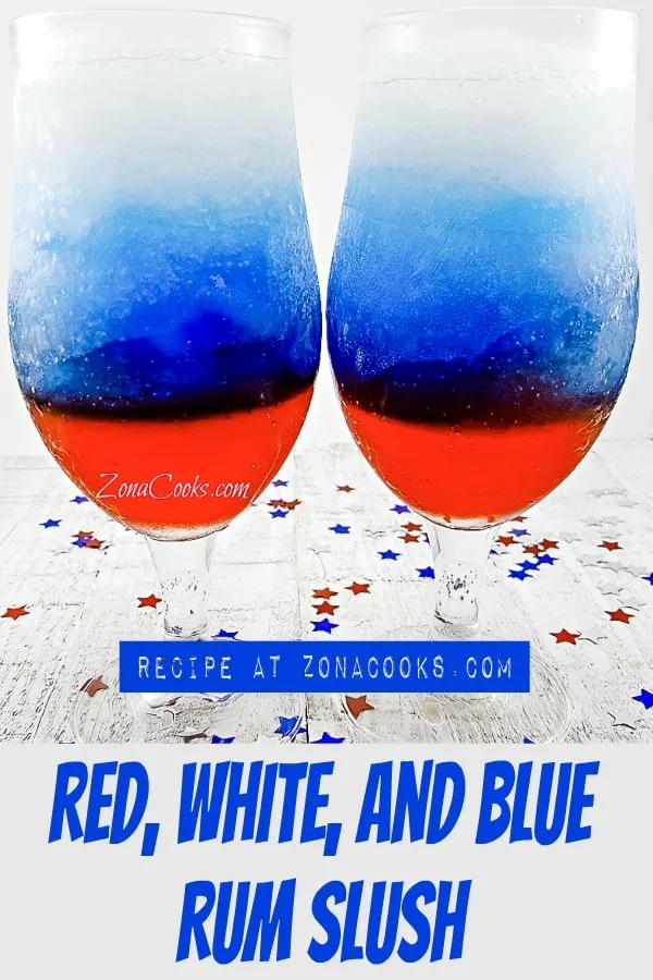 two tall glasses filled with Red, White and Blue Rum Slush