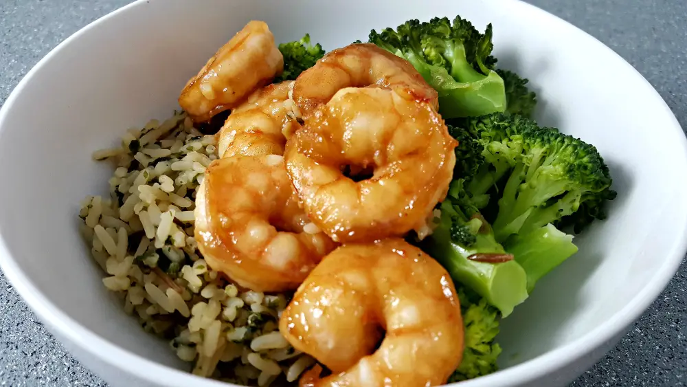 Honey Garlic Shrimp over rice and broccoli.