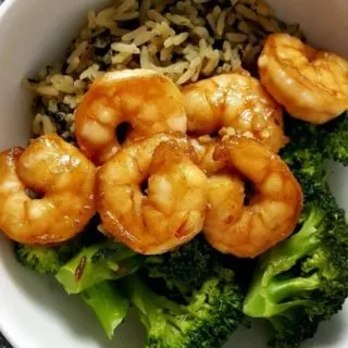 Honey Garlic Shrimp in a bowl with broccoli and rice.