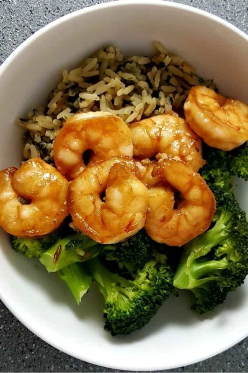 Honey Garlic Shrimp in a bowl with broccoli and rice.