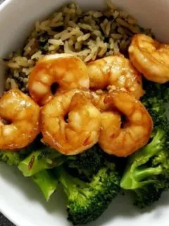 Honey Garlic Shrimp in a bowl with broccoli and rice.