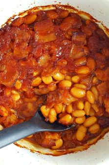 Homestyle Baked Beans in a casserole dish.