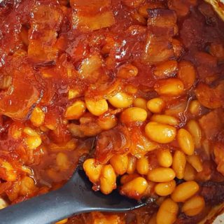 Homestyle Baked Beans in a casserole dish.