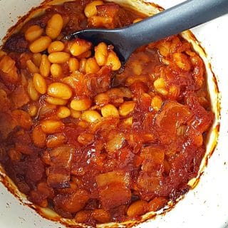 Homestyle Baked Beans in a casserole dish.