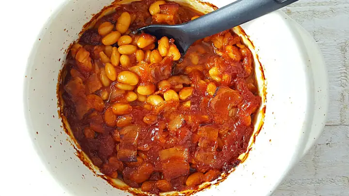 Homestyle Baked Beans in a casserole dish.
