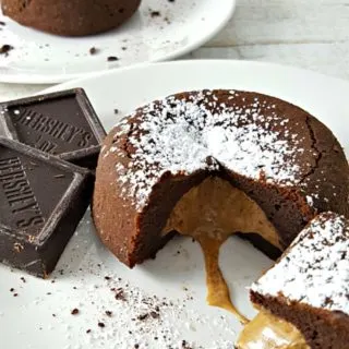 Chocolate Peanut Butter Lava Cakes on plates.