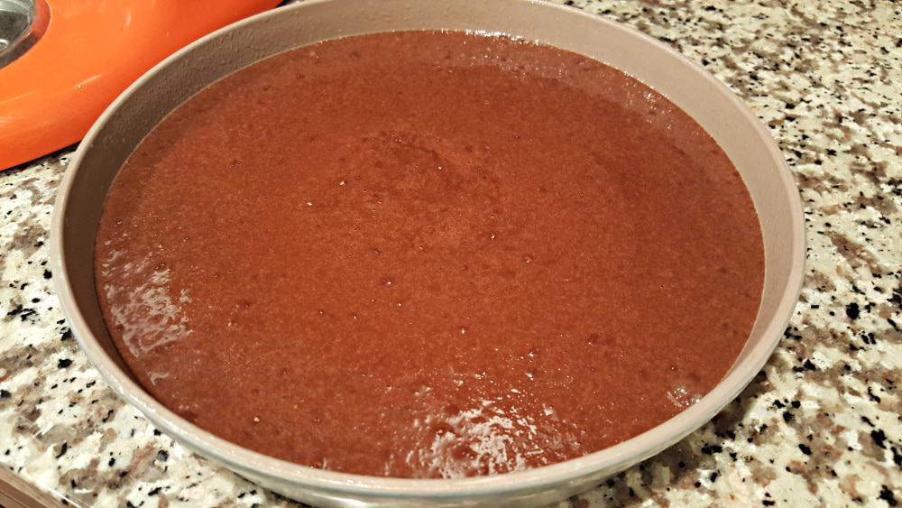 chocolate cake batter in a 9 inch cake pan