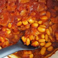 Homestyle Baked Beans in a casserole dish.