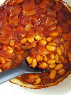 Homestyle Baked Beans in a casserole dish.