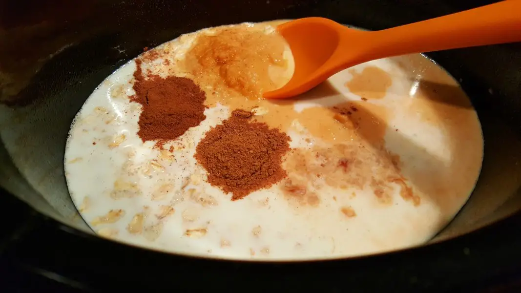 Crockpot Pumpkin Oatmeal ingredients in a slow cooker.