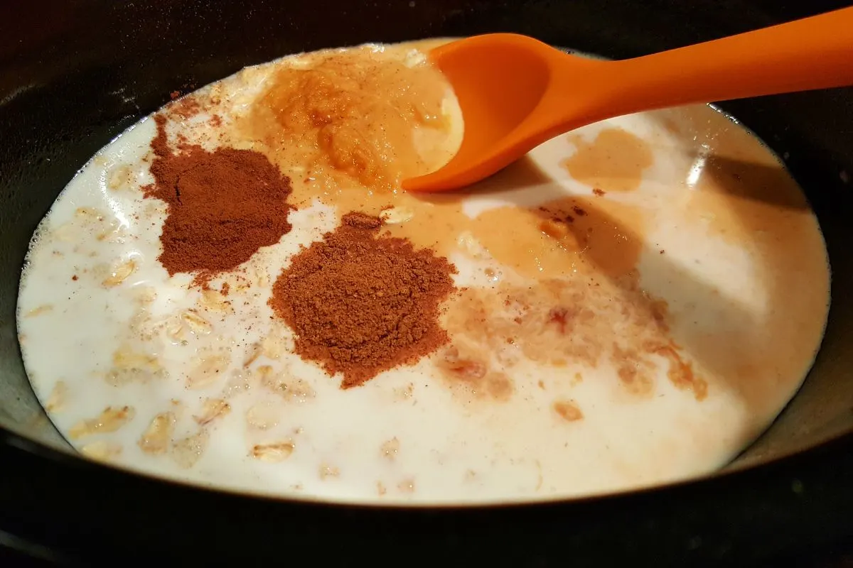 milk, pumpkin pie filling, vanilla extract, maple syrup, cinnamon, and pumpkin pie spice in a slow cooker crock pot