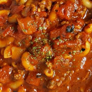 a bowl filled with One Pot American Goulash.