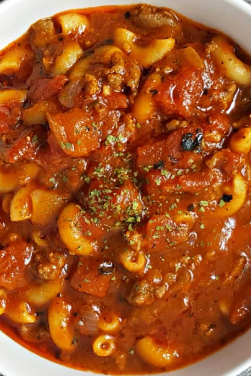 a bowl filled with One Pot American Goulash.