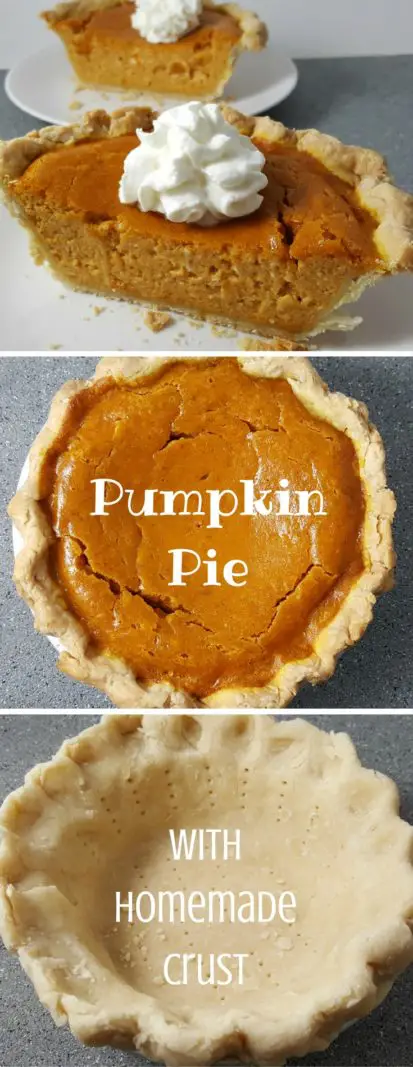 Small Pumpkin Pie slices on two plates, in a pie pan, and raw dough in a pie pan.
