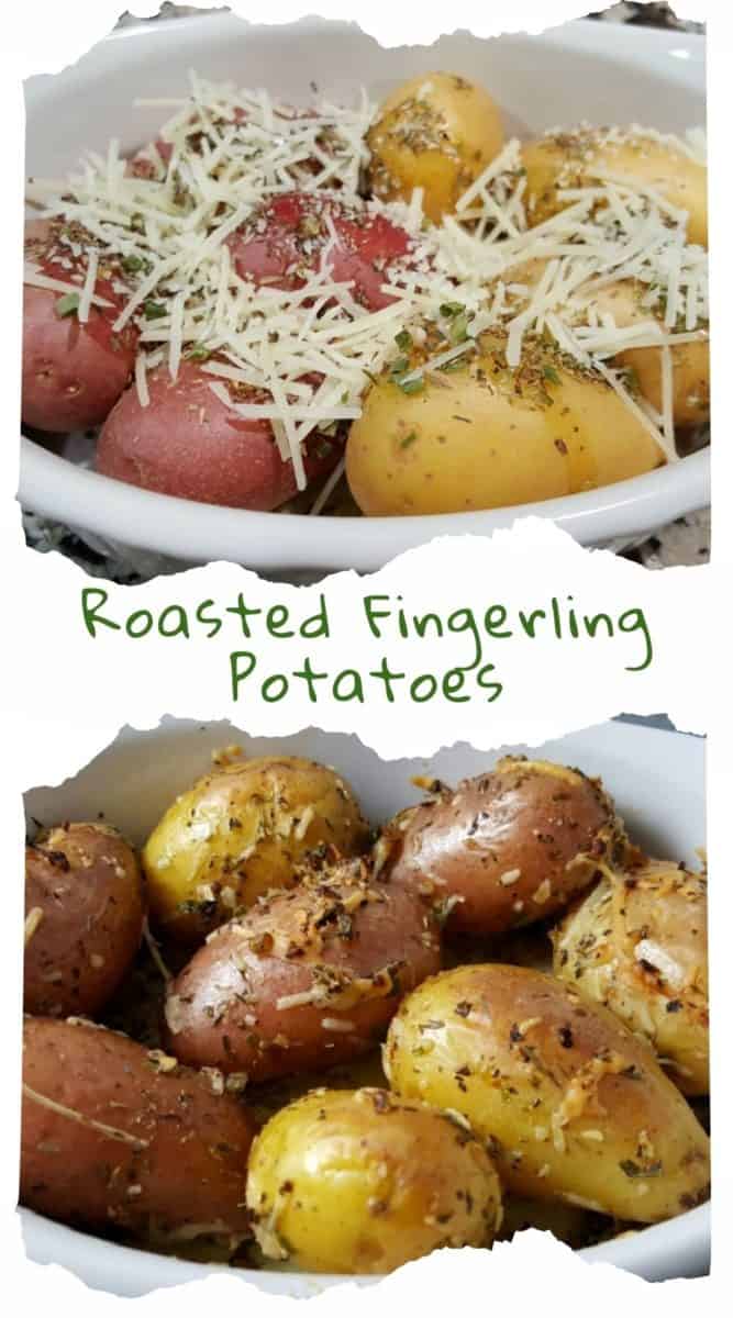 a baking dish filled with Roasted Fingerling Potatoes.