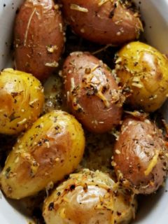 Roasted Fingerling Potatoes in a casserole dish.