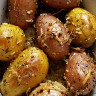 Roasted Fingerling Potatoes in a casserole dish.