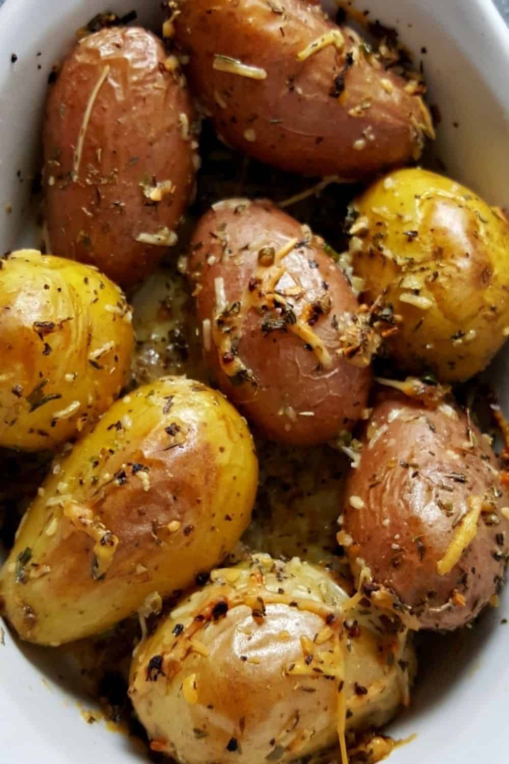 Roasted Fingerling Potatoes in a casserole dish.