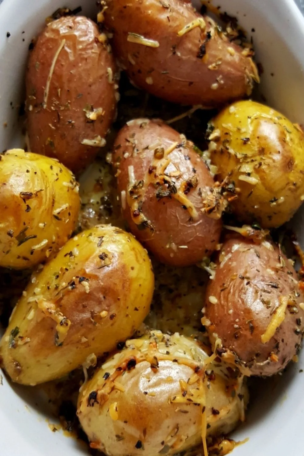 Roasted Fingerling Potatoes in a casserole dish.