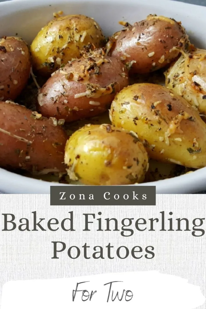 a baking dish filled with Roasted Fingerling Potatoes.