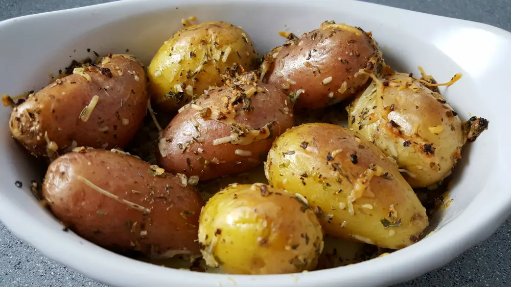 Easy Crispy Roasted Fingerling Potatoes in a casserole dish