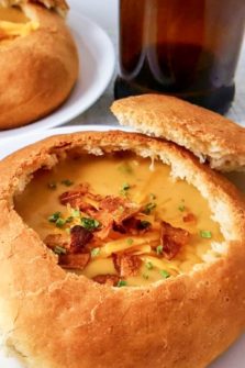 Cheddar Beer Soup in a bread bowl.
