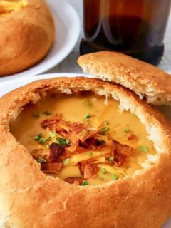 Cheddar Beer Soup in a bread bowl.