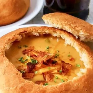 Cheddar Beer Soup in a bread bowl.