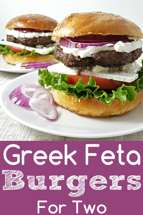 a graphic of Greek Feta Burger Recipe for Two.
