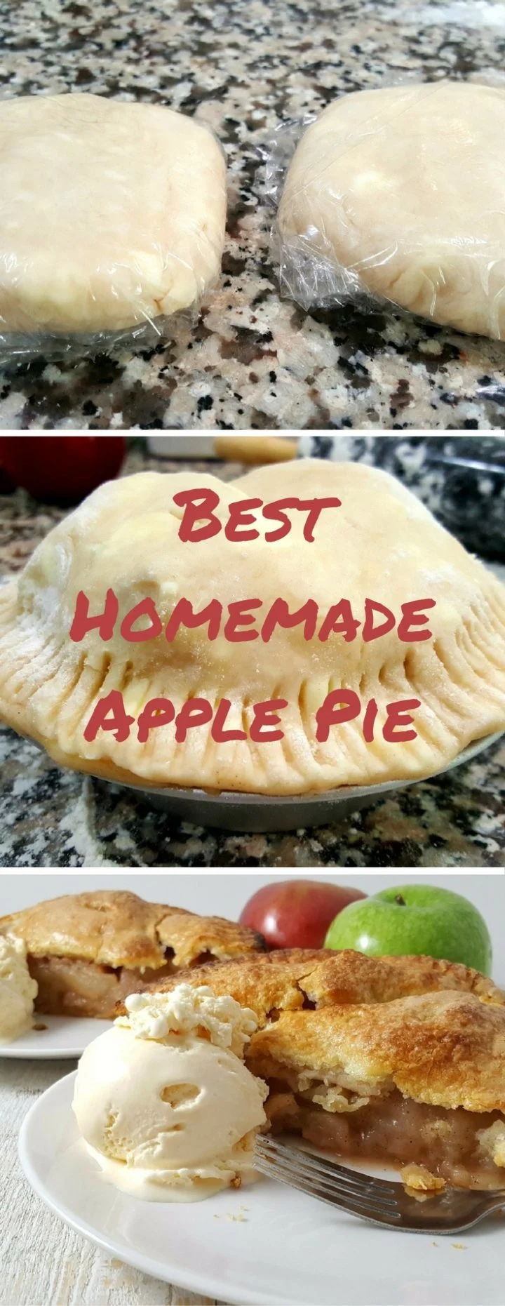 two raw pie dough discs, an unbaked pie, and Homemade Apple Pie slices on two plates.