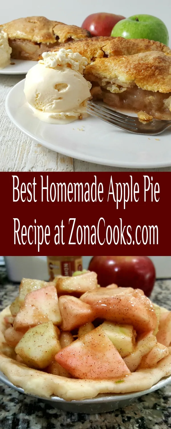 Homemade Apple Pie slices on two plates and a raw pie crust filled with apple slices and spices.