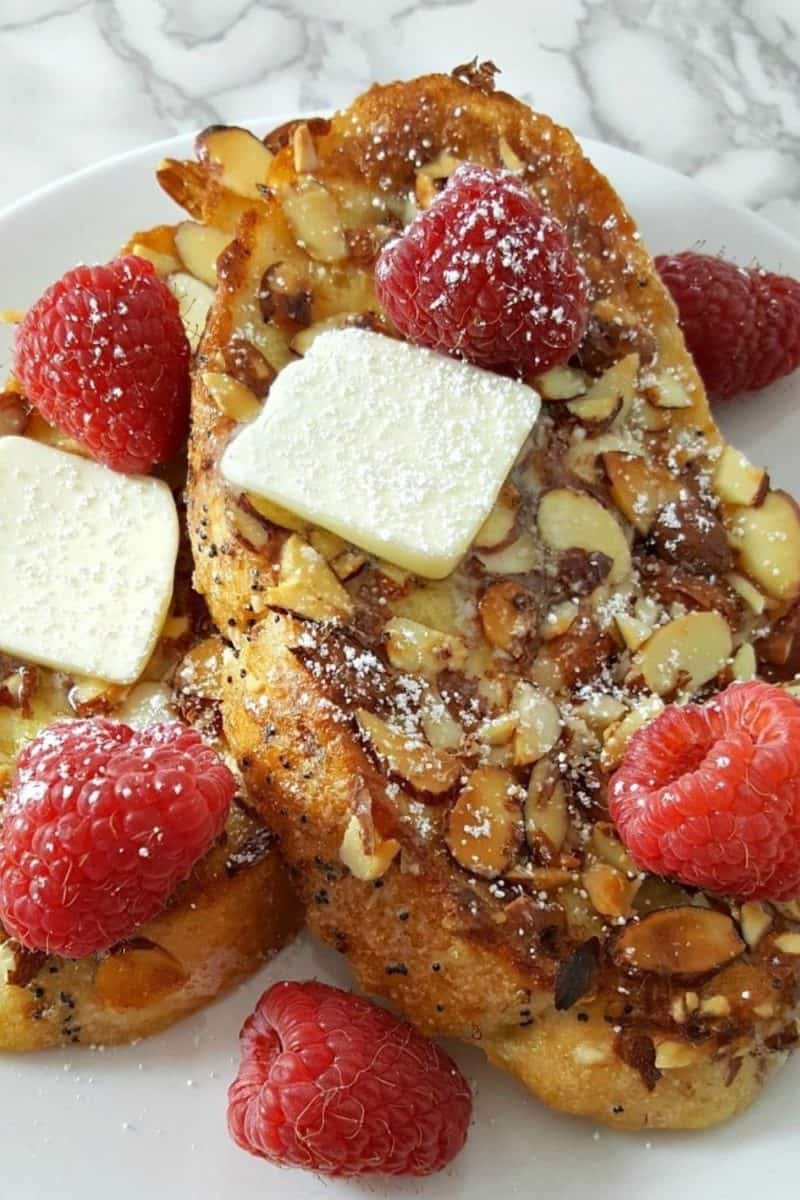 Almond Raspberry French Toast on a plate.