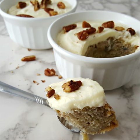 Banana Cake with Cream Cheese Frosting Recipe for Two - serves 2 in individual oven safe dishes.
