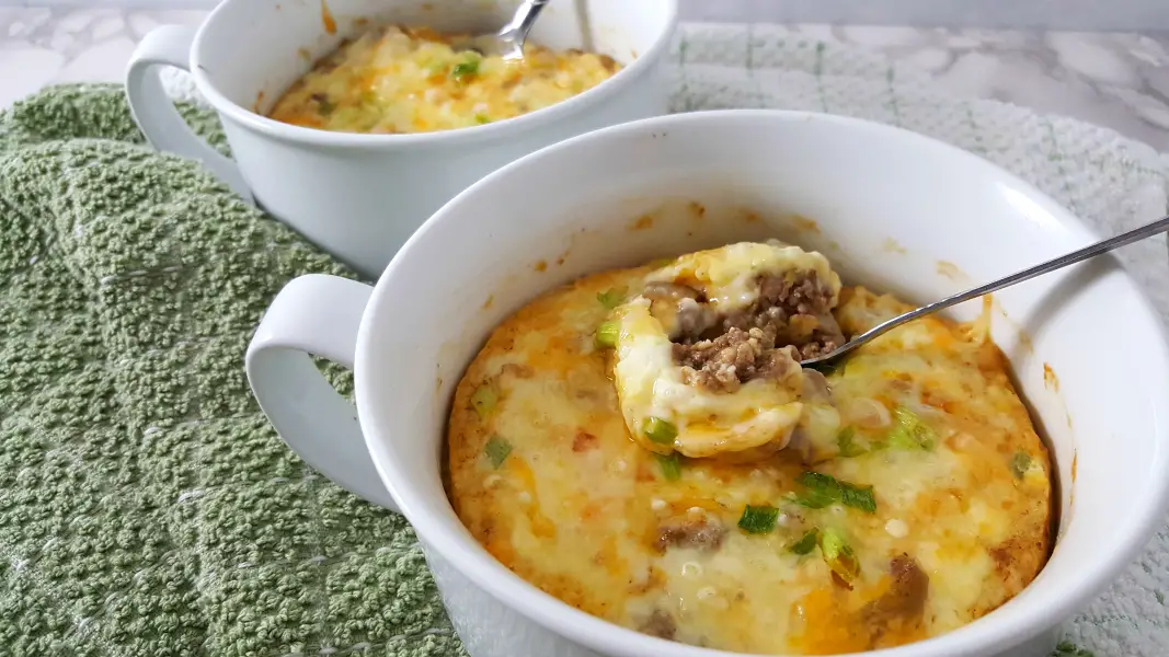 two Individual Mexican Beef Casseroles in white bowls