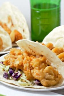 Beer Battered Shrimp Tacos on a plate.