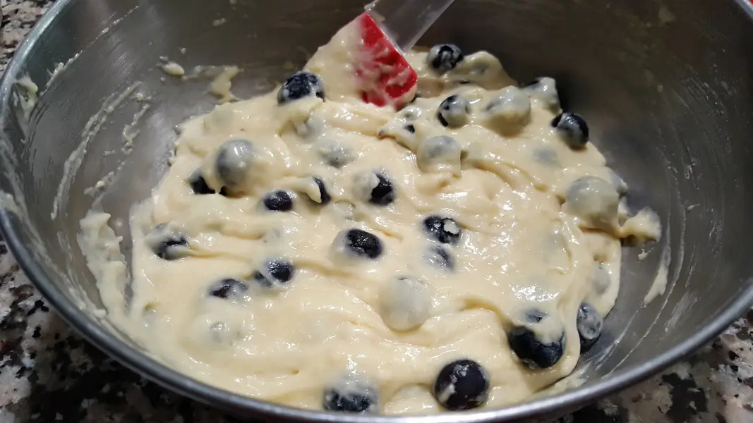 a bowl with cake batter and blueberries mixed in.