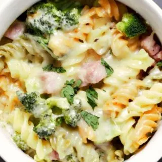 Cheesy Ham Broccoli Bake in a casserole dish.