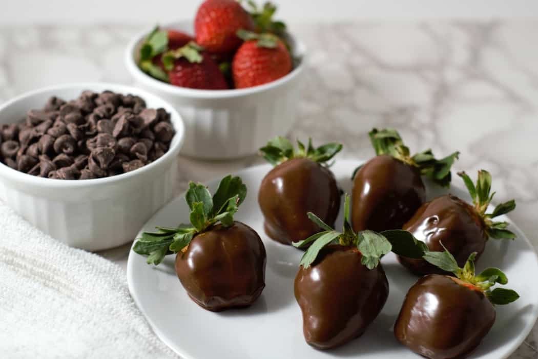 3 Ingredient Chocolate Covered Strawberries on a plate.
