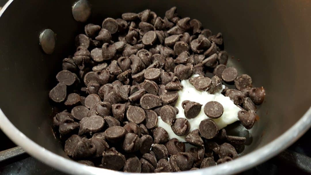 chocolate chips together with the shortening cooking in a pan.