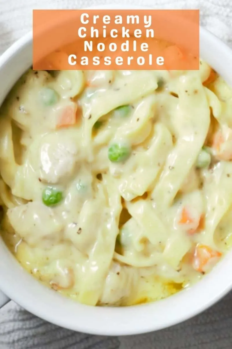 a baking dish filled with Creamy Chicken and Noodle.